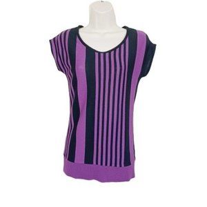 AB Studio Top Womens Large Black-Purple Sleeveless Knit Blouse Striped Crew Neck